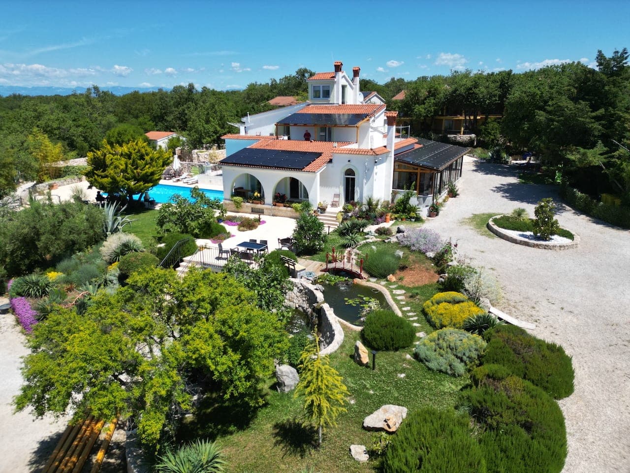 Aerial view of Lotus Resort and the Adriatic coast at Brzac, Island of Krk